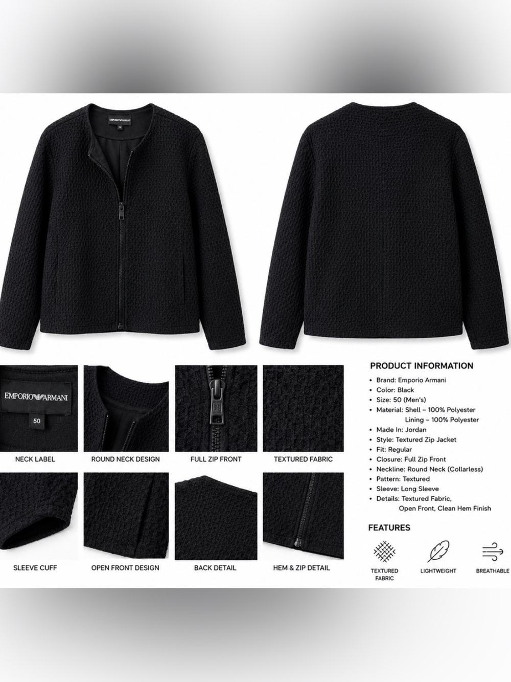 Emporio Armani Black Textured Full-Zip Jacket